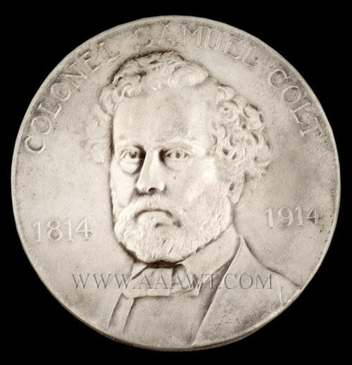 Commemorative Colonel Samuel Colt Medallion, Silver, 1814 to 1914
By Whitehead and Hoag to Commemorate Colt's Birth
Rare in Silver
Circa 1914, entire view